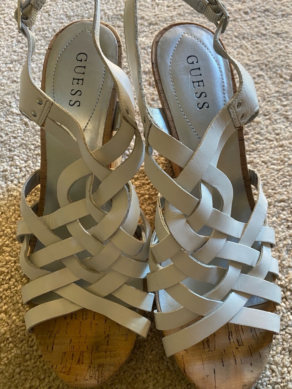 GUESS Cream / white Woven Cork Wedge Sandals
